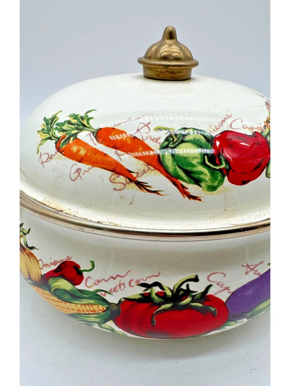 Vintage Ceramic Covered Casserole Tureen Vegetable Design Brass Tone Handles